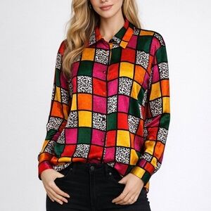 LAURA & JAYNE Colorful Satin Checkerboard Leopard Print Button Down Shirt